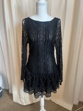 Free People Black Lace Long Sleeve Ruffled Hem Dress
